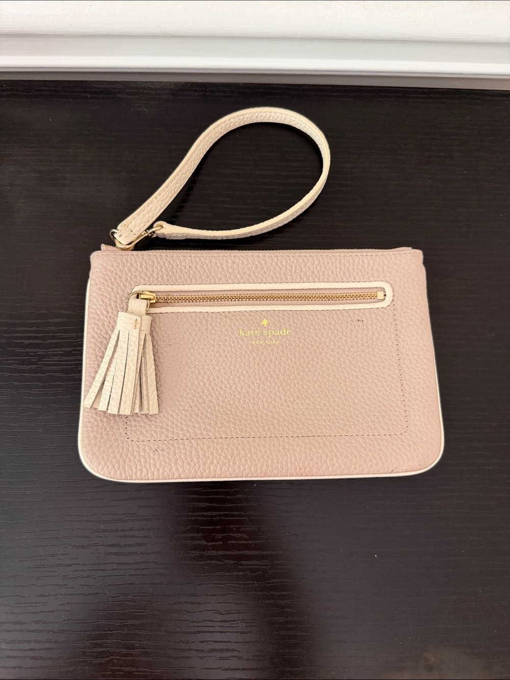 kate spade Beige Pebbled Leather Wristlet with Tassel